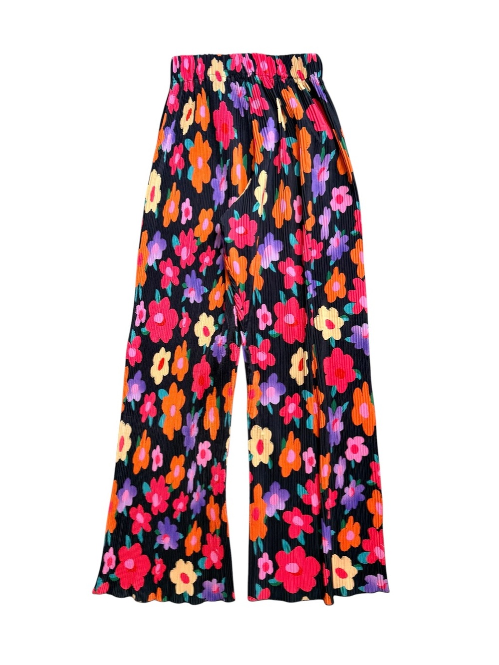 Floral Plisse Wide Leg Pants Black Multicolor High Rise Elastic Waist S - Picture 3 of 8